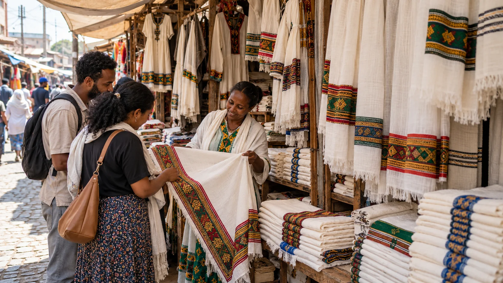 Concept image: Visitors viewing embroidered textiles at a market