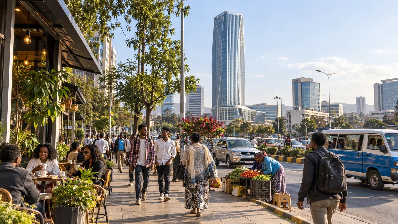 AI-generated concept image of Addis Ababa city life and skyline