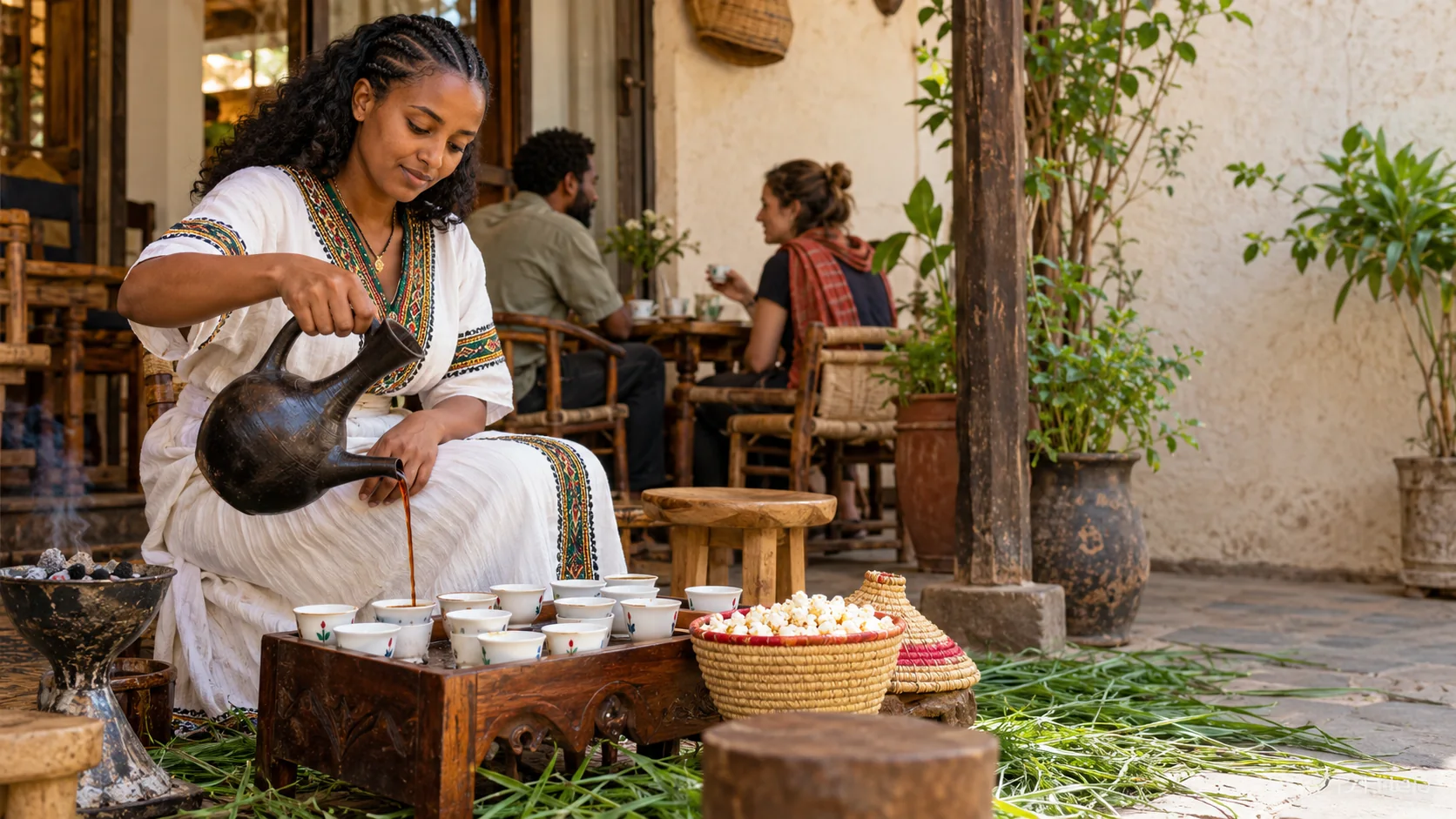 Concept image: Ethiopian coffee ceremony with coffee being poured