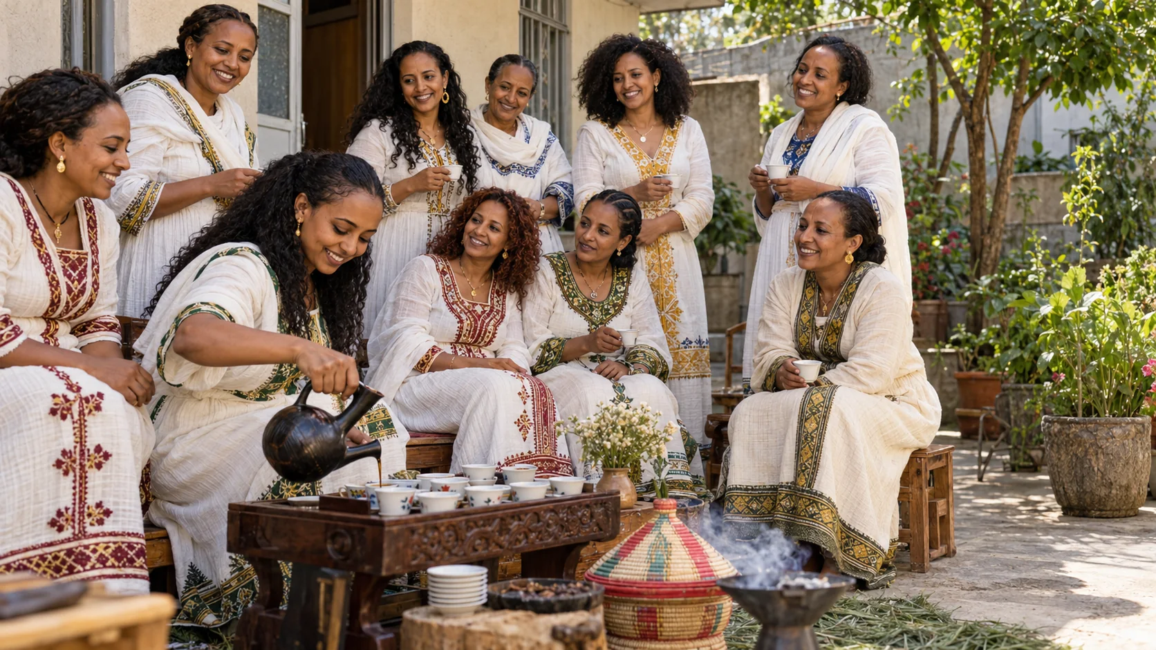 AI-generated concept image of women in traditional dress at a coffee ceremony